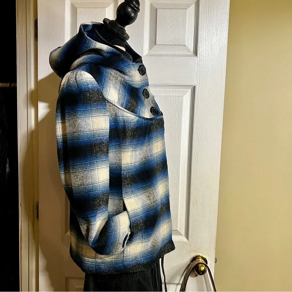 Mavi Wms Y2K Plaid Flannel Wool Blend Hooded Mock Neck‎ Preppy Casual Jacket S